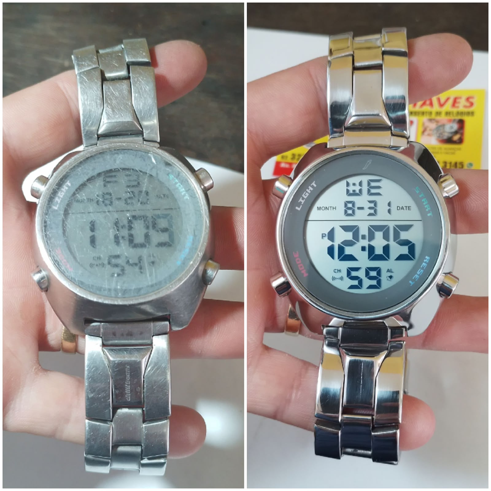 Antes e depois do polimento e conserto de relógio digital
